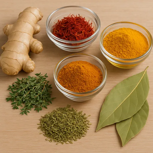 Ginger, Saffron, Turmeric, Thyme, Bay Leaves, Curry & Spices